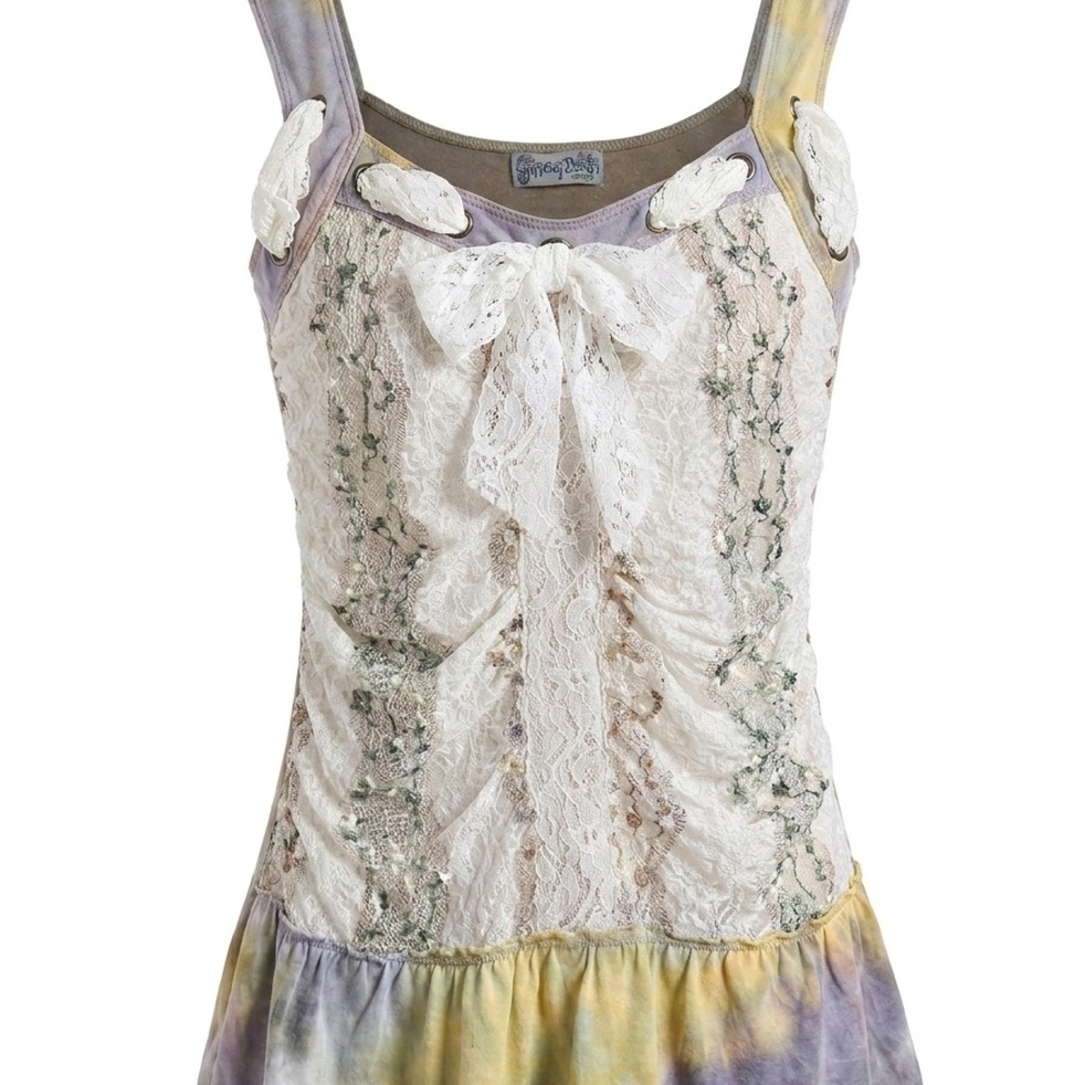 y2k vintage | White Lace Tie-Front with Pastel Tie-Dye Tank